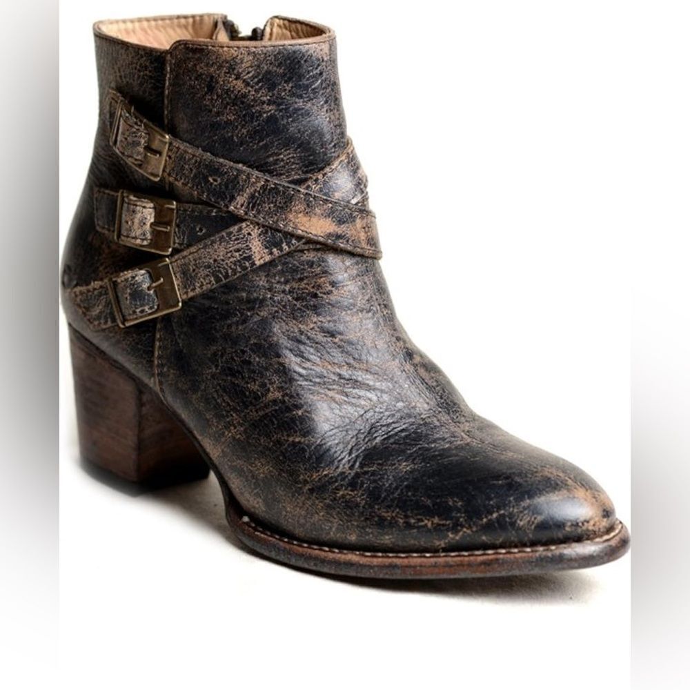 Bed Stu Distressed Black Brown Leather Ankle Booties with Buckle Straps